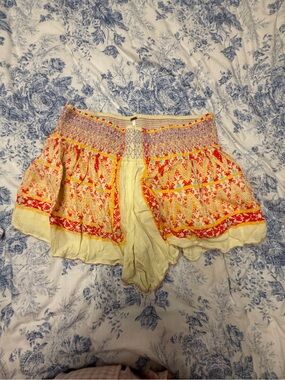 Free People Yellow Smocked High-Waist Boho Shorts with Red Trim